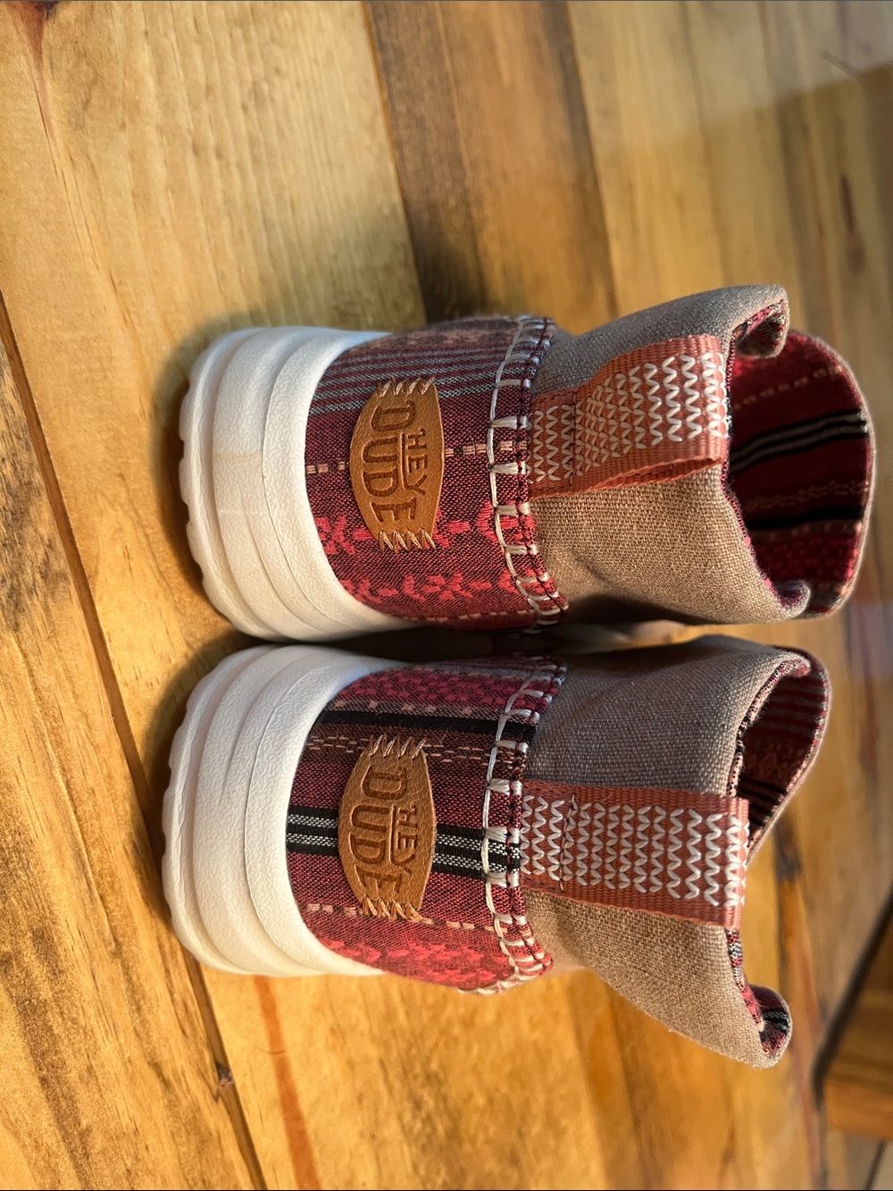 Hey Dude Women's Slip-On Loafers in Taupe with Red Patterned Heel - Picture 5 of 5